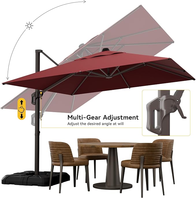 10x10FT Cantilever Outdoor Umbrella, 360° Rotating Large Offset Square Patio Umbrella, Ideal for Garden Backyard Deck Courtyard, Red