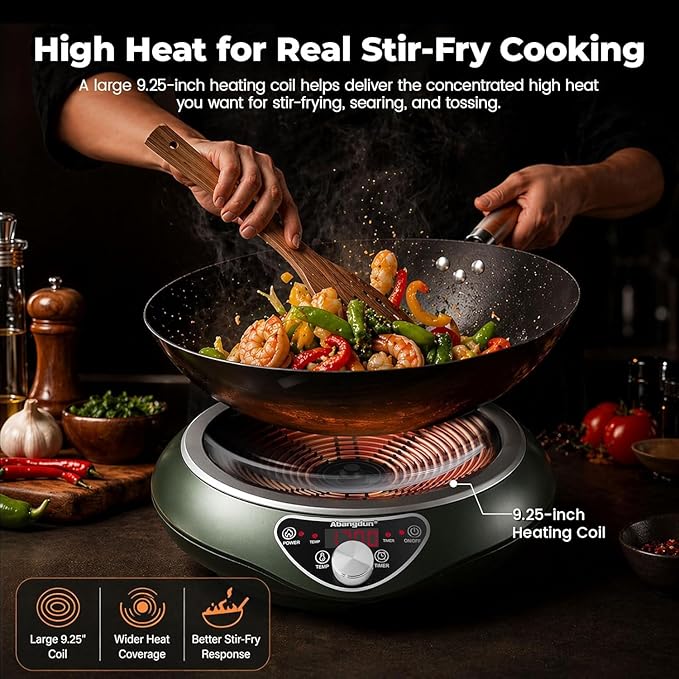 1700W 120V Concave Induction Wok Cooktop, 9.25-Inch Coil, Steady Low-Heat Control, 16 Power Levels, ETL Listed Portable Countertop Burner for Round-Bottom Woks & Flat-Bottom Pans