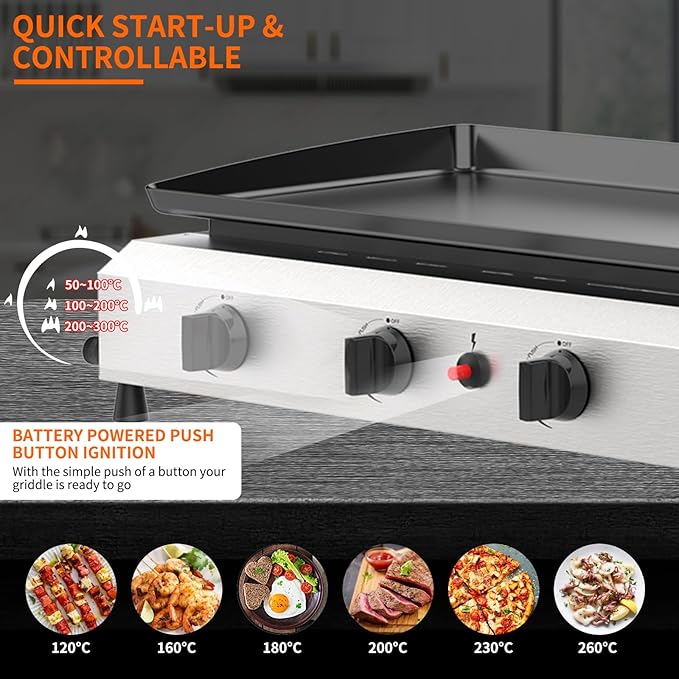 SKOK 4 Burner Flat Top Gas Griddle-30 Inch Outdoor Propane Griddle-40000 BTU Propane Fuelled, Portable Gas Grill Camping Griddle Station for Kitchen, BBQ, Camping