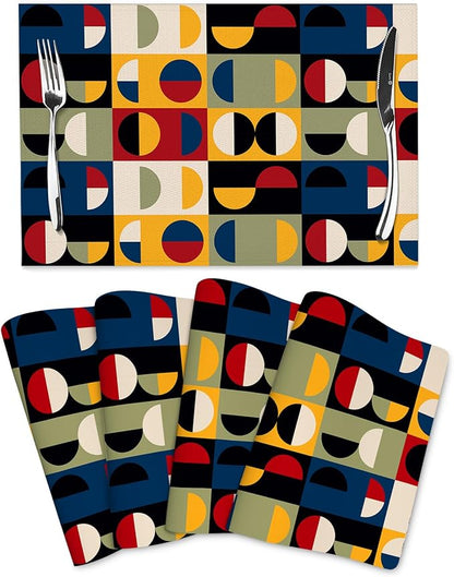 Retro Mid Century Modern Placemats Set of 4 Linen 12x18 Inch | Washable Non-Slip Heat-Resistant Decorative Kitchen Table Mats for Dining Outdoor Home Decor