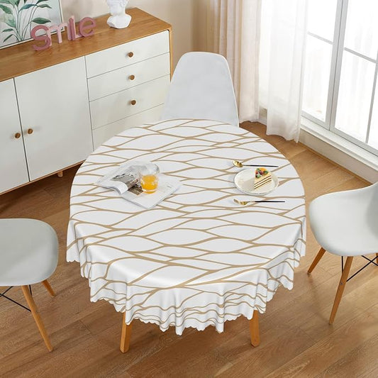 Brown and White Geometric Waterproof Round Tablecloth 60x60 Inch Abstract Irregular Stripes Circle Tablecloths Dining Table Cloth Buffet Parties Patio Camping Chic Decoration for Home Kitchen