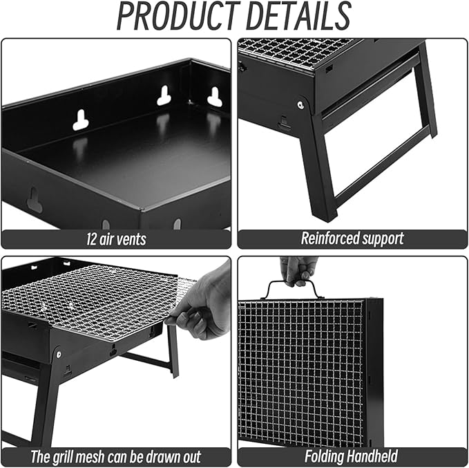 Portable Charcoal Grill with Grate 13.8x10.6x7.9'' Thickened Charcoal Grill Even Burning Foldable BBQ with Handle Perfect for On-the-Go Barbecue of 1-3, Small