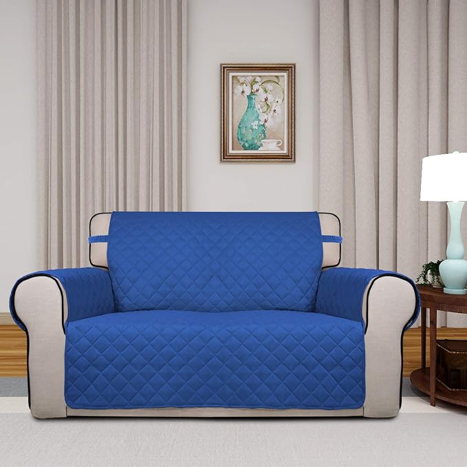 PureFit Reversible Quilted Couch Covers for Dogs Loveseat Sofa Cover 46.5” | Classic Blue/Ivory, Water Resistant Couch Protector, Washable Pet Couch Cover with Non Slip and Elastic Straps For Kids