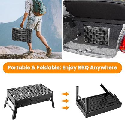Portable Charcoal Grill, 17.7x11x10in Folding BBQ Grill Lightweight Compact Tabletop Mini Smoker Desktop Charcoal Grill for Camping, Picnics, Garden & Beach Parties, Black