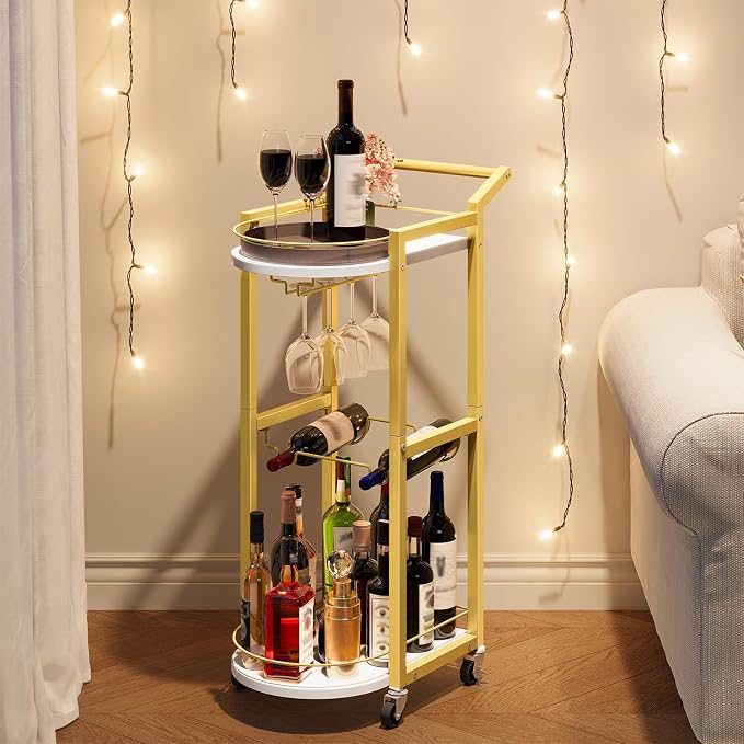 HOOBRO Bar Cart, Bar Cart for The Home, Home Bar Serving Cart on Wheels, Rolling Wine Cart with Wine Rack and Glass Holder, Beverage Cart for Bar, Kitchen, Dining Room, White and Gold DM48TC01