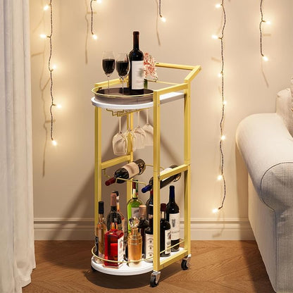 HOOBRO Bar Cart, Bar Cart for The Home, Home Bar Serving Cart on Wheels, Rolling Wine Cart with Wine Rack and Glass Holder, Beverage Cart for Bar, Kitchen, Dining Room, White and Gold DM48TC01
