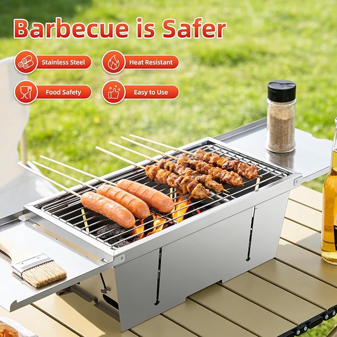Portable Grill, Uten Stainless Steel Foldable Charcoal Grills with Condiment Plates, Carry Bag, Lightweight, Tabletop Small Barbecue for Camping, Tailgating, Beach BBQ, Travel (15.3" x 8.7")