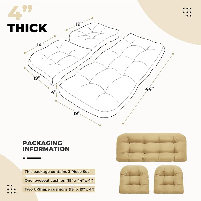 DANGHOOGY Wicker Chair Cushions, Waterproof Outdoor Loveseat Cushions for Patio Furniture, Tufted Wicker Furniture Cushions, 1 Loveseat and 2 U-Shaped Cushions, Khaki