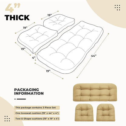 DANGHOOGY Wicker Chair Cushions, Waterproof Outdoor Loveseat Cushions for Patio Furniture, Tufted Wicker Furniture Cushions, 1 Loveseat and 2 U-Shaped Cushions, Khaki