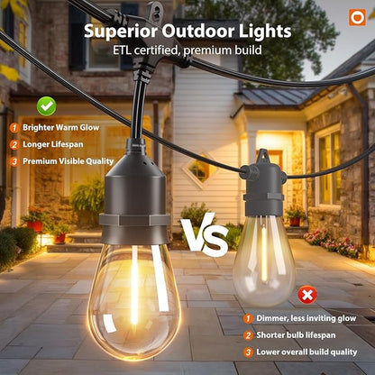 addlon 100FT Outdoor String Lights with Remote Dimmable Waterproof Patio | 50 Warm White Edison Bulbs, Heavy Duty Shatterproof Hanging Strand for Outside Backyard Porch Garden Bistro Pergola Party