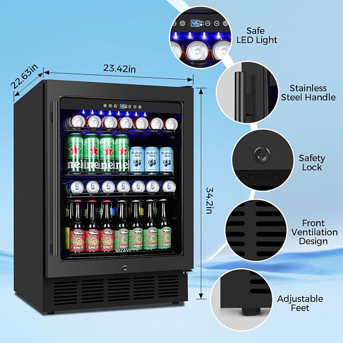 24 Inch Beverage Refrigerator Under Counter, Drink Fridge 180 Cans Large Capacity with Glass Door, 38dB Whisper Quiet Beverage Cooler Built-in for Home Bar Office, Memory Function for Beer Soda, Black