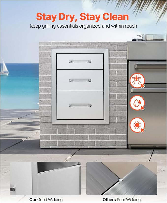 VEVOR 14x20.3 Inch Outdoor Kitchen Drawers Stainless Steel, Flush Mount Triple Drawers, 14W x 20.3H x 23D Inch, with Stainless Steel Handle, Outdoor Kitchens or BBQ Island