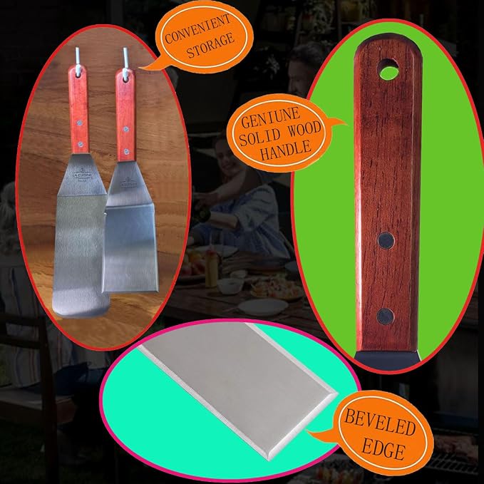 La Cuisine 3 PC Stainless Steel Griddle Spatula Set — Standard & Long Spatulas + Chopper/Scraper with Solid Wood Handles for Grill, BBQ, Teppanyaki & Flat Top Cooking