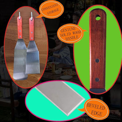 La Cuisine 3 PC Stainless Steel Griddle Spatula Set — Standard & Long Spatulas + Chopper/Scraper with Solid Wood Handles for Grill, BBQ, Teppanyaki & Flat Top Cooking