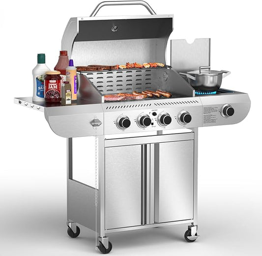 Stainless steel gas grill with food and bottles on a white background