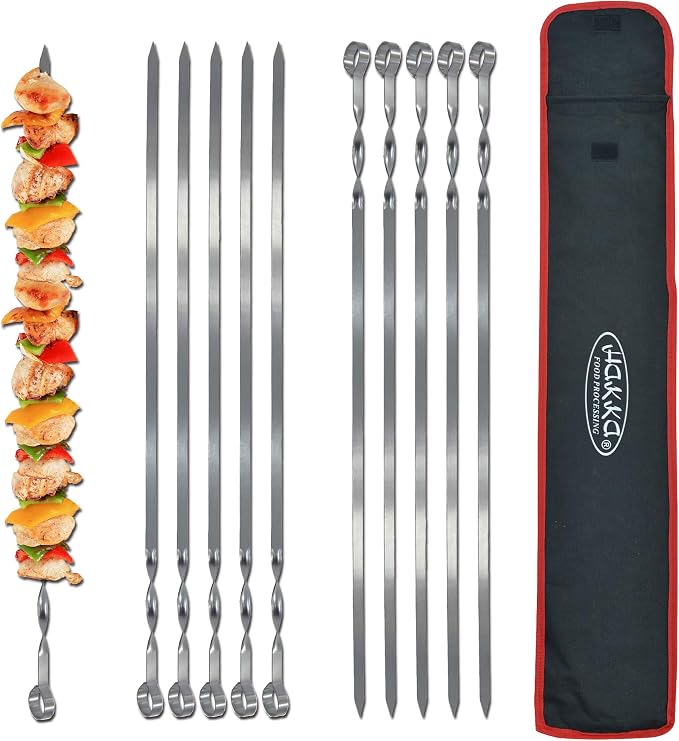 Hakka Stainless Steel Barbecue Skewers, 23.6" Shish Kabob Skewers Heavy Duty Metal Skewers for Grilling Large Wide Reusable Kabob Sticks with NonSlip Ring Handle,Set of 10