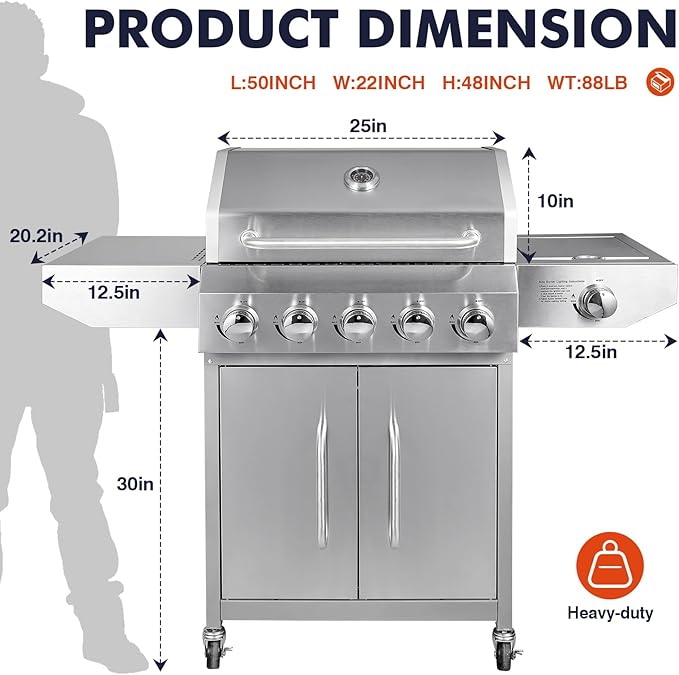 Llamaviva 5 Burner Propane Gas Grill with Side Burner,Stainless Steel BBQ Grill with Porcelain-Enameled Cast Iron Grates, 68000 BTU Cabinet-Style Cart Design for Outdoor Patio Barbecue- food clip
