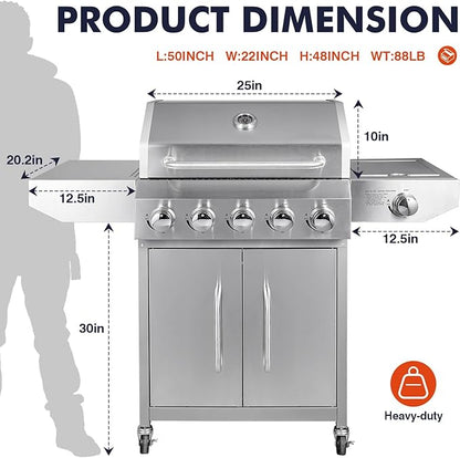 Llamaviva 5 Burner Propane Gas Grill with Side Burner,Stainless Steel BBQ Grill with Porcelain-Enameled Cast Iron Grates, 68000 BTU Cabinet-Style Cart Design for Outdoor Patio Barbecue- food clip