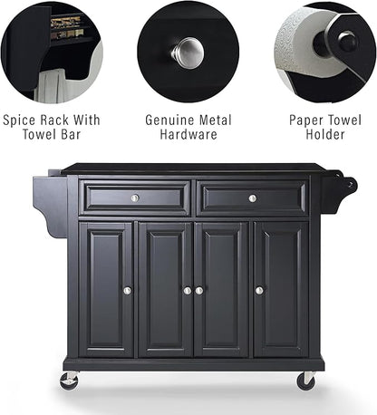 Crosley Furniture Full Size Granite Top Rolling Kitchen Island Storage Cart, Microwave Stand, Spice Rack, Black