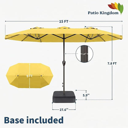 15FT Double Sided Patio Umbrella with Base Included Large Outdoor Market Umbrella with Crank Handle, UV Resistant Canopy, Sturdy Frame for Garden, Poolside, Deck, Sunshine Yellow
