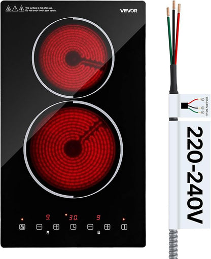 VEVOR Electric Cooktop 12inch 2 Burners Stove Top 3000W 220V No Plug, Ceramic Built-in Radiant Electric Stove, with 9 Power Levels, Timer, Child Lock, Over-Heat Guard, Touch Control