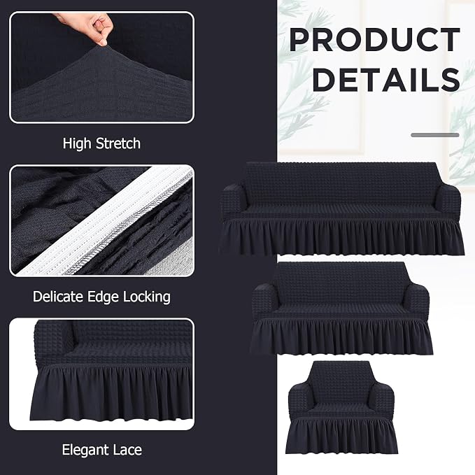 Fanfanwin 3 Pcs Sofa Slipcover Set for Couch Cushion Durable Washable High Elastic Stretchable Furniture Couch Covers with Skirt for Sofa Loveseat Arm Chair(Black,Seersucker)