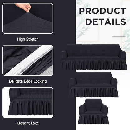 Fanfanwin 3 Pcs Sofa Slipcover Set for Couch Cushion Durable Washable High Elastic Stretchable Furniture Couch Covers with Skirt for Sofa Loveseat Arm Chair(Black,Seersucker)