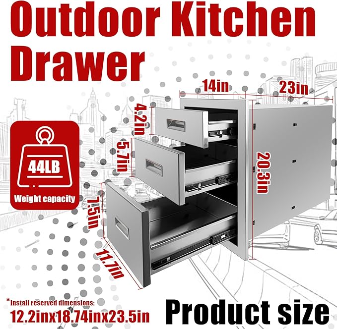 Outdoor Kitchen Triple Layer Drawer 14'' W x 20.3'' H x 23'' D Flush Mount BBQ Access Drawers Stainless Steel BBQ Island Drawers with Handle Suitable for Outdoor Kitchen Island Grill Station