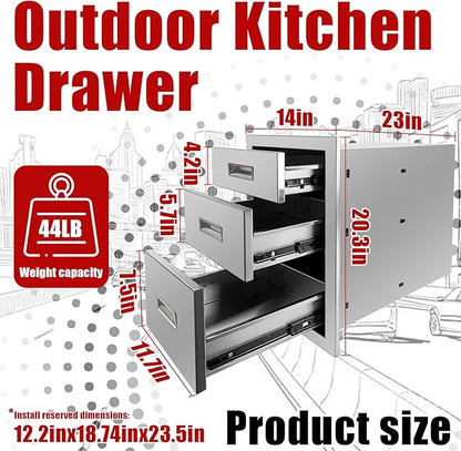 Outdoor Kitchen Triple Layer Drawer 14'' W x 20.3'' H x 23'' D Flush Mount BBQ Access Drawers Stainless Steel BBQ Island Drawers with Handle Suitable for Outdoor Kitchen Island Grill Station