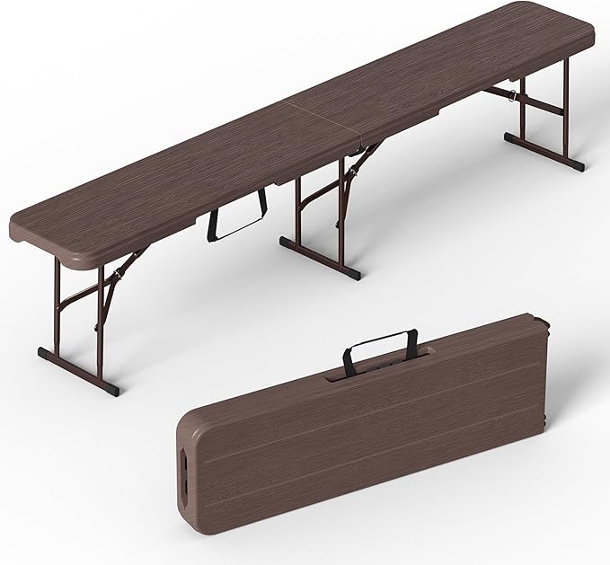 VSOAEIL 6 Foot Folding Bench, 6 FT Foldable Plastic Bench Indoor & Outdoor | 6 Feet Portable Bench Seating with Handle and HDPE Tabletop - Party, Dining, Picnic, Camping, Sports, Temporary Events, Brown