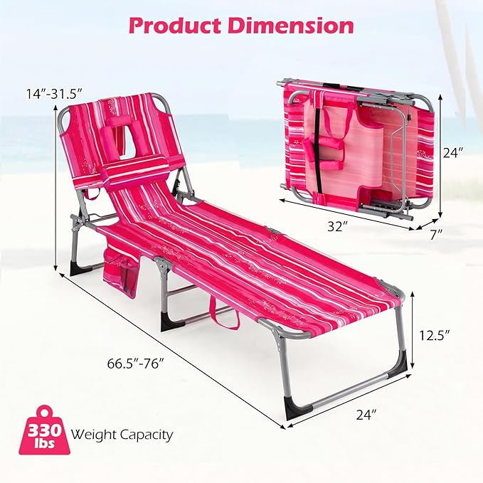Goplus Tanning Chair, Folding Adjustable Patio Lounge Chair with Face Hole, Removable Pillow, 330LBS, Carry Strap, Outdoor Sunbathing Chair, Lightweight Portable Beach Lounge Chair