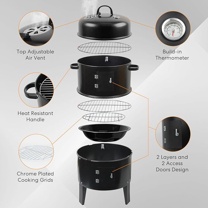 18 Inch Multi-Layer Steel Charcoal Smoker Grill, 3IN1 Vertical Heavy Duty Round Charcoal BBQ Smoker Grill with Built-in Thermometer & Adjustable Vent System for Camping & Home Party, Black