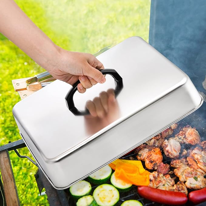 ZEAYEA 2 Pack 13 x 11.3 Inch Griddle Basting Cover, Stainless Steel Cheese Melting Domes, Rectangular Metal Steaming Cover, BBQ Grilling Accessories for Flat Top Griddle, Indoor or Outdoor Camping