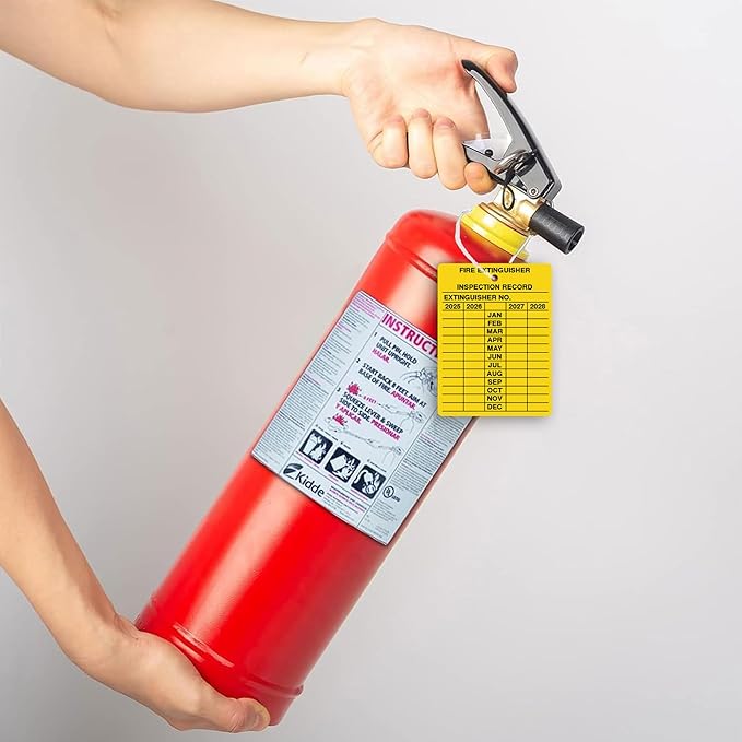 30 x Fire Extinguisher Tags with Cable Ties | Fire Extinguisher Recharge and Inspection Record for Indoor Outdoor Fire Extinguishers | 2.25 x 3 Inch 2025-2028 Monthly Inspection | Tear Proof