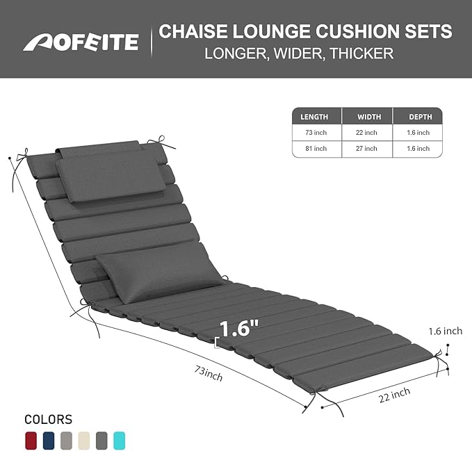 2 Sets of Outdoor Water-Resistant Olefin Chaise Lounge Cushions with Headrest and Pillow, Weather and Fade Resistant Foldable Quilted Lounge Chair Pads with Straps, Dark Gray, 73" L x 22" W
