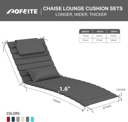 2 Sets of Outdoor Water-Resistant Olefin Chaise Lounge Cushions with Headrest and Pillow, Weather and Fade Resistant Foldable Quilted Lounge Chair Pads with Straps, Dark Gray, 73" L x 22" W