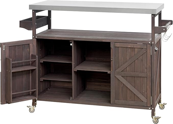 LUMISOL Outdoor Grill Cart with Stainless Steel Top, Farmhouse Solid Wood Kitchen Island with Storage Rack, Outdoor Rolling Bar Cart & Storage Cabinet with Spice & Towel Rack, Dark Brown