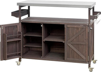 LUMISOL Outdoor Grill Cart with Stainless Steel Top, Farmhouse Solid Wood Kitchen Island with Storage Rack, Outdoor Rolling Bar Cart & Storage Cabinet with Spice & Towel Rack, Dark Brown