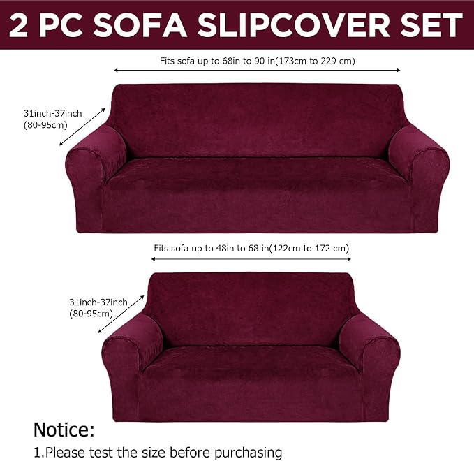 Peryiter 2 Pcs Couch and Loveseat Sofa Covers,Burgundy,Velvet | Armchair Covers for Living Room, Sofa Cushion Slipcover 2/3 Seater, Furniture Protector, Polyester and Spandex, Washable