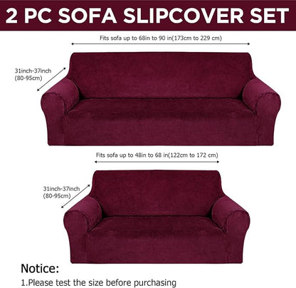 Peryiter 2 Pcs Couch and Loveseat Sofa Covers,Burgundy,Velvet | Armchair Covers for Living Room, Sofa Cushion Slipcover 2/3 Seater, Furniture Protector, Polyester and Spandex, Washable