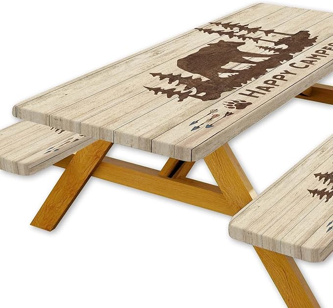 Picnic Table Cover with Bench Covers and Bag, Rustic Bear Camping Fitted Tablecloth Cover with Elastic Edge, Wooden Camper Waterproof Windproof for Indoor & Outdoor, Garden, 3 Pieces Set, 30x72 Inch