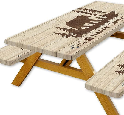 JAWO Picnic Table Cover with Bench Covers, Rustic Bear Camping RV Essentials Gear Supplies Outdoor Waterproof Windproof Tablecloth with Elastic, 96in, Brown