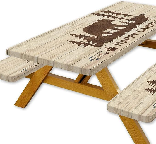 JAWO Picnic Table Cover with Bench Covers, Rustic Bear Camping RV Essentials Gear Supplies Outdoor Waterproof Windproof Tablecloth with Elastic, 96in, Brown