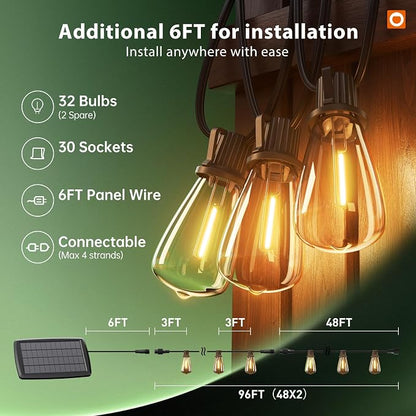 addlon 102FT(96+6) Solar String Lights Outdoor with Remote, Last 30+ Hrs | Waterproof Patio Lights with 30 Shatterproof LED Bulbs, Dimmable & Timable Solar Light for Backyard Camping Garden Decor