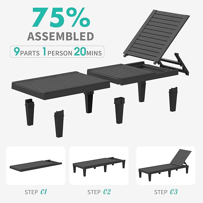 Outdoor Chaise Lounge Chair Set of 2, 5-Position Adjustable Tanning Lounge Chair, All-Weather Resin Patio Lounge Chair for Pool, Beach, Garden (Black)
