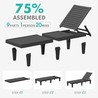 Outdoor Chaise Lounge Chair Set of 4, 5-Position Adjustable Tanning Lounge Chair, All-Weather Resin Patio Lounge Chair for Pool, Beach, Garden (Black)