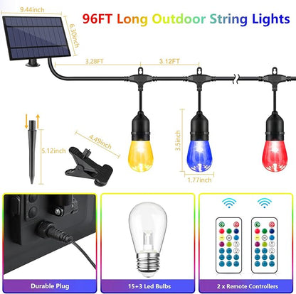 2-Pack 48FT Solar Outdoor RGB String Light, Dimmable Patio String Lights with Shatterproof Edison Bulbs, Remote, Commercial Solar String Lights for Cafe, Patio, Yard, Party
