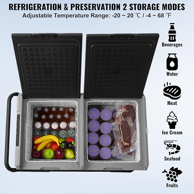 VEVOR Car Refrigerator 115L, Dual Zone Portable Freezer with Wheels & Handle, -4℉ to 68℉, 12/24V DC & 100-240V AC Compressor Cooler for Camping, Outdoor, RV