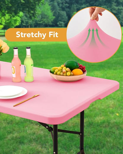Fitted Tablecloth Rectangle Table Cloths with Elastic, 8 ft, Pink, 6 Pack | For Outdoor Picnic Camping Party 8 foot Folding Spandex Table Covers, Water-Resistant, Windproof, Reusable, 96"L x 30"W