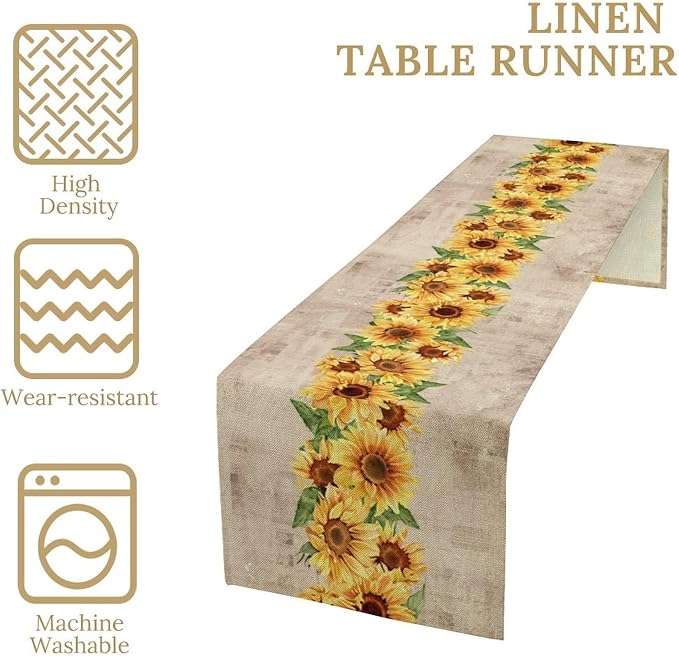 Fall Sunflowers Table Runner, Vintage Spring Summer Flower Home Kitchen Dining Decor, Seasonal Farmhouse Floral Kitchen Dining Table Decoration for Home Party Decor 13x90 Inch